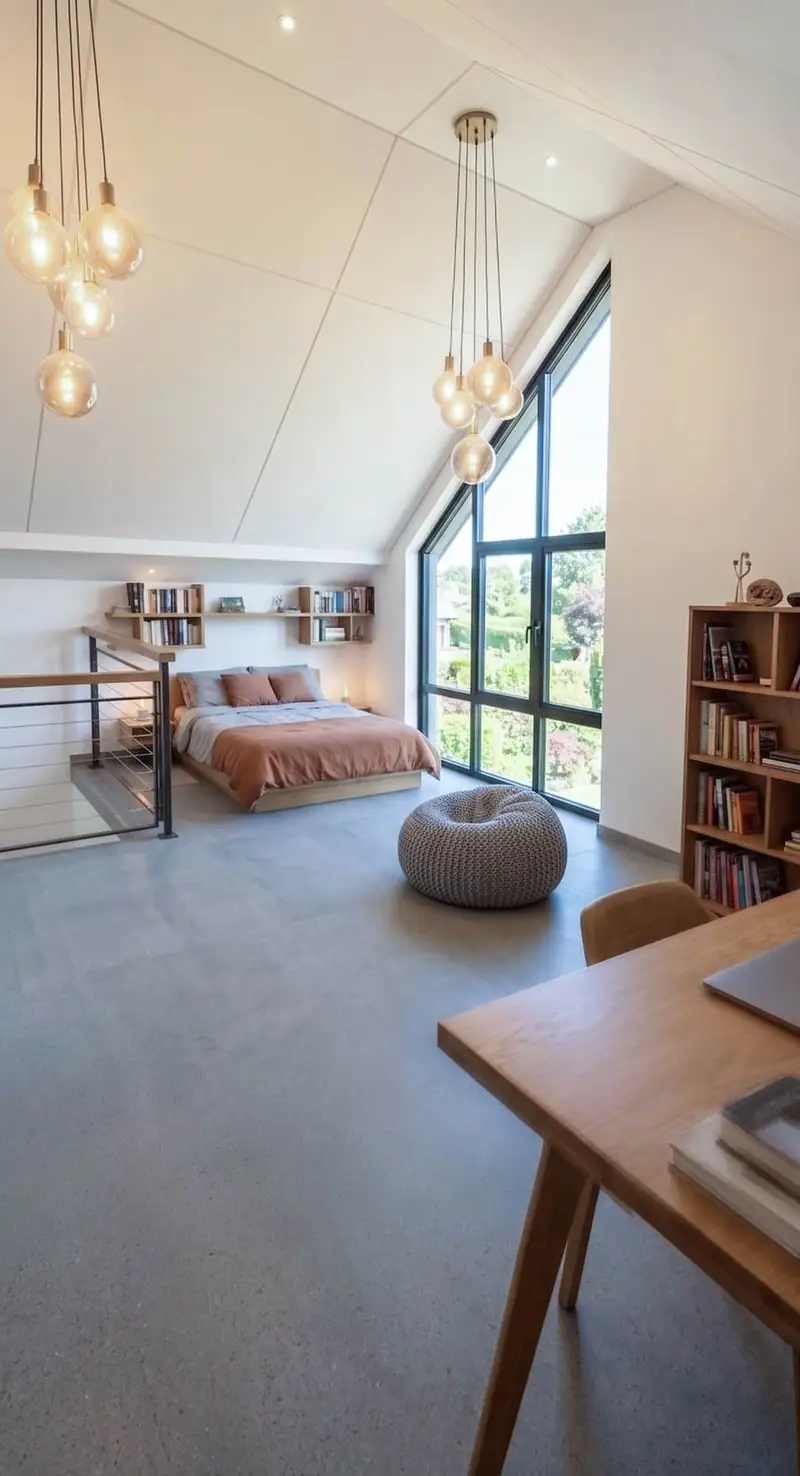 Area mezzanine dengan tempat tidur dan meja kerja