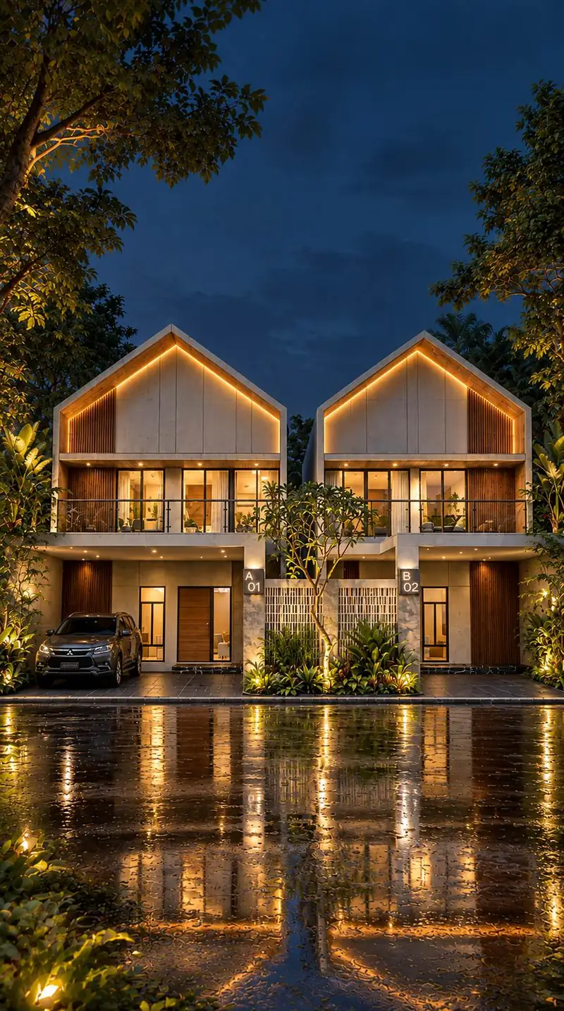 Fasad Apurva Resort saat malam hari