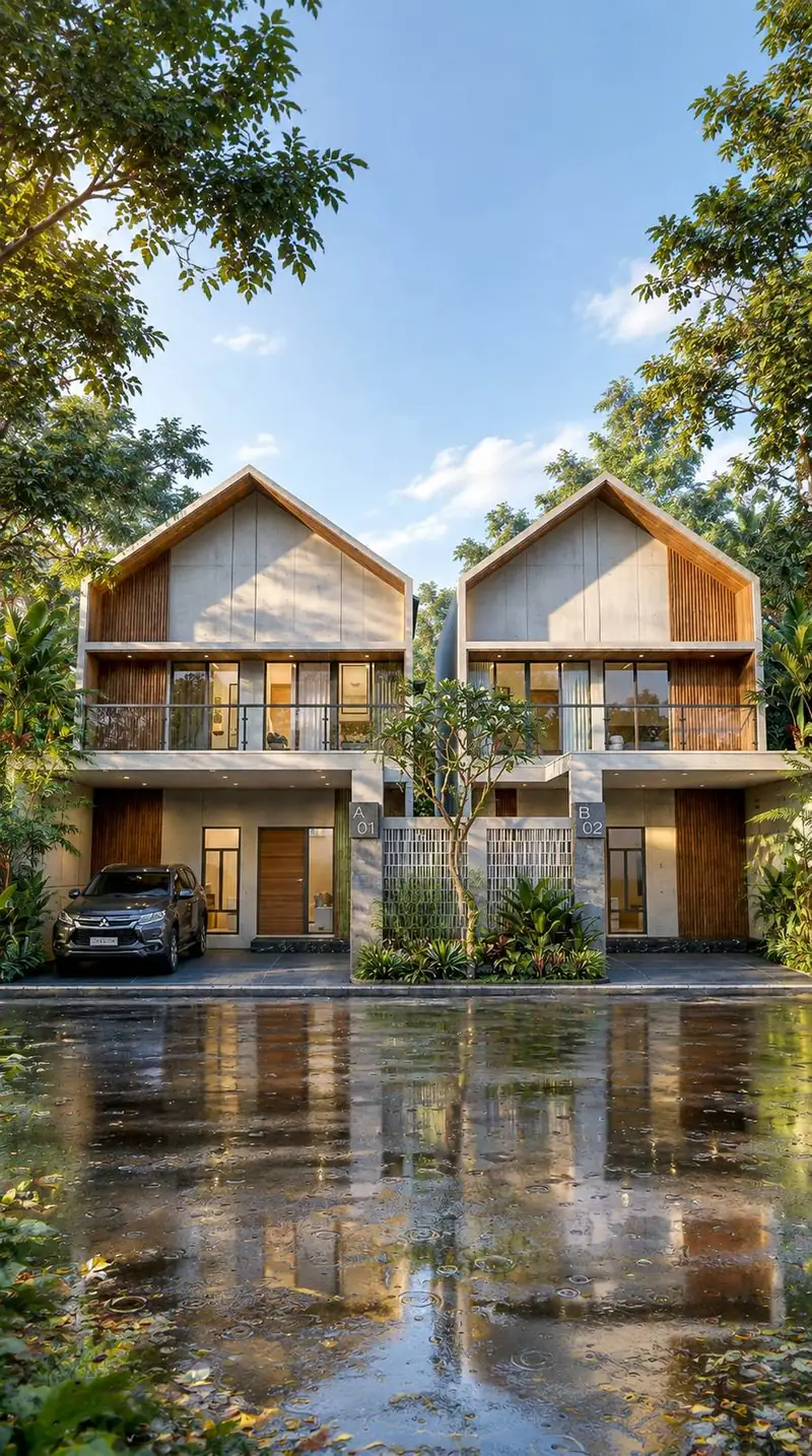 Fasad dua rumah Apurva Resort pada siang hari