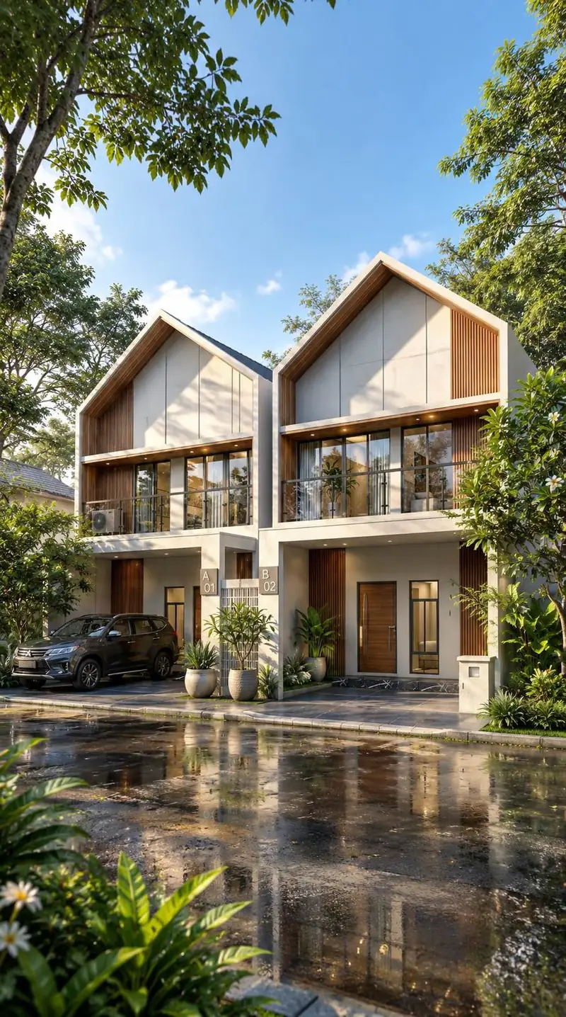 Fasad rumah kembar Apurva Resort dari samping
